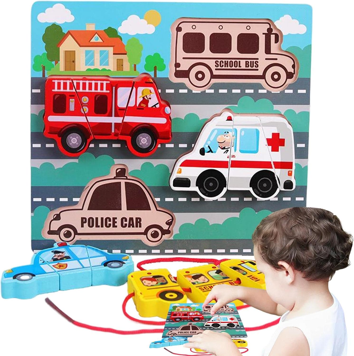 Montessori 3D Wooden Jigsaw Puzzles with Rope - Lacing