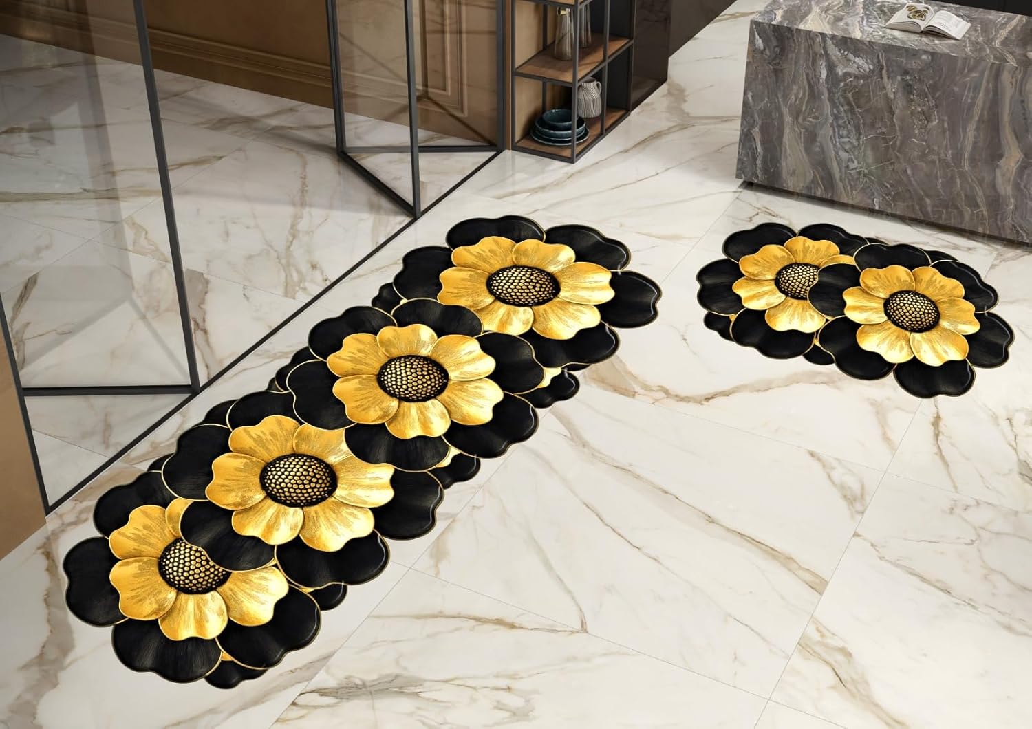 3D Floral  Anti-Skid Floor Mat set of 2 ( 1runner + 1 mat)