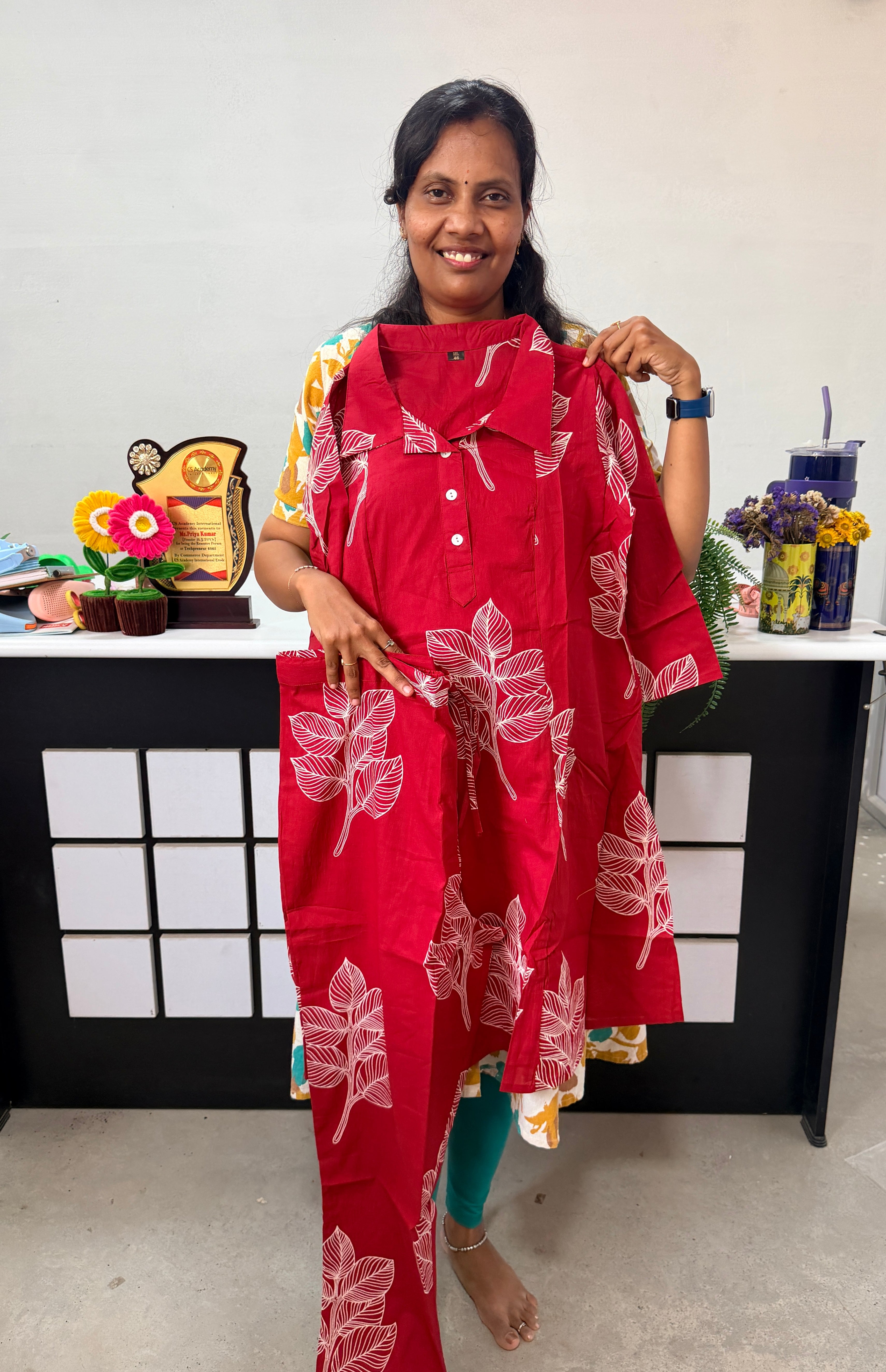 Daily wear Jaipur cotton Co-ords set with button- Red colour (3XL TO 5XL)