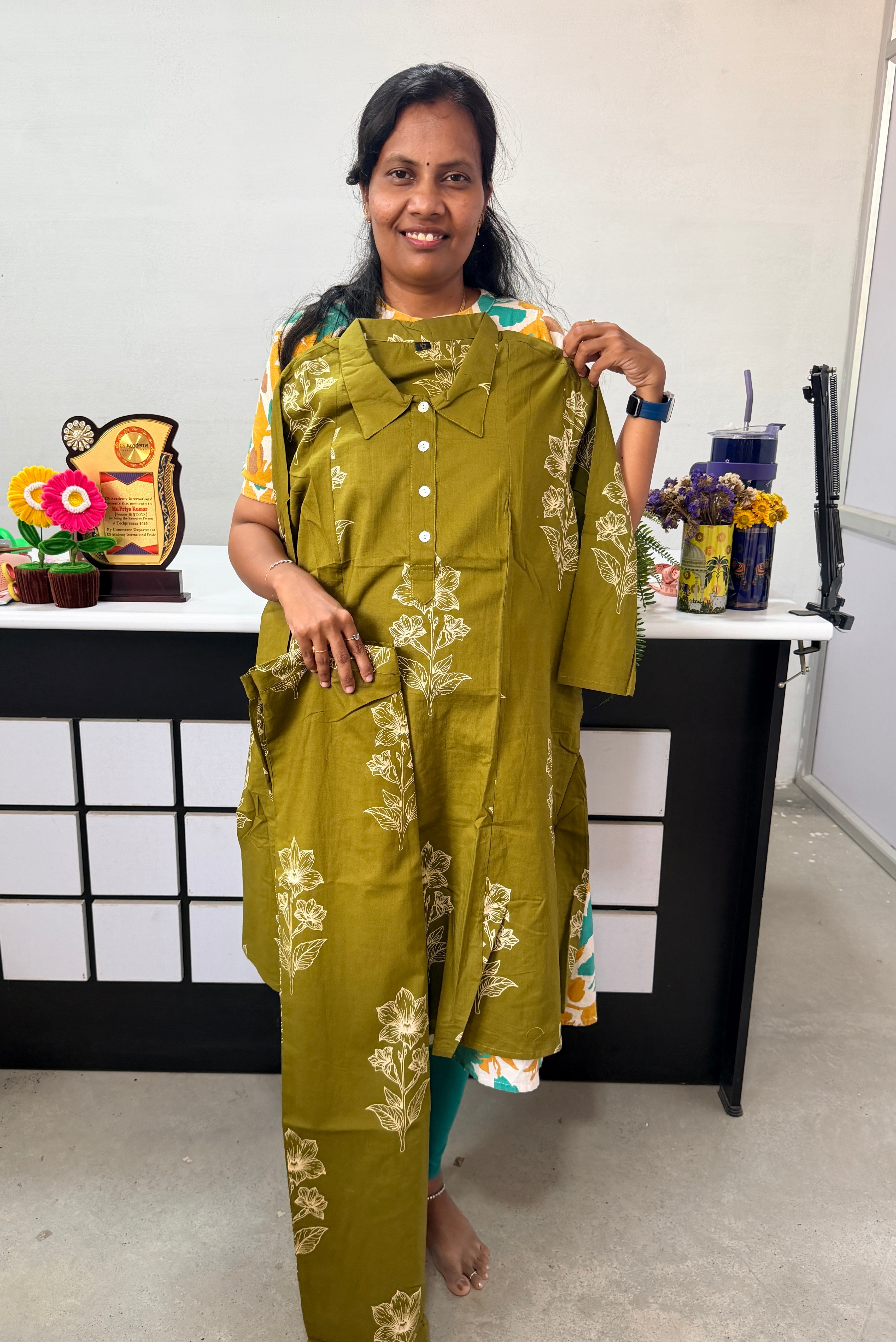 Daily wear Jaipur cotton Co-ords set with button- bottle green colour  (3XL TO 5XL)