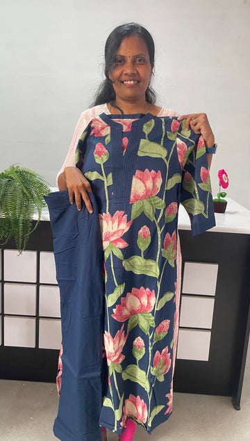 Premium Cotton floral kurti set(2pc)- Blue
