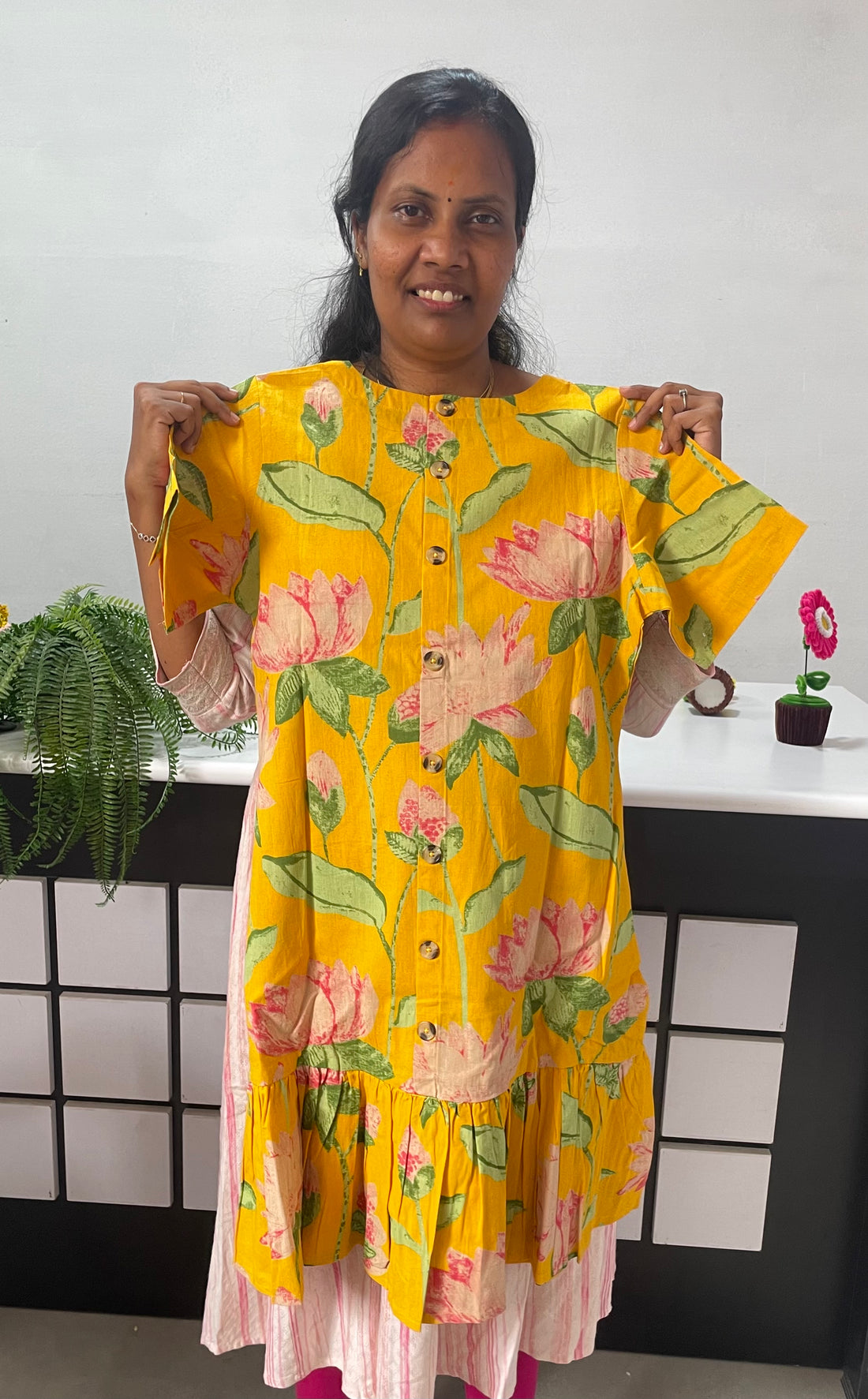 Floral Print Cotton top with back button - Yellow