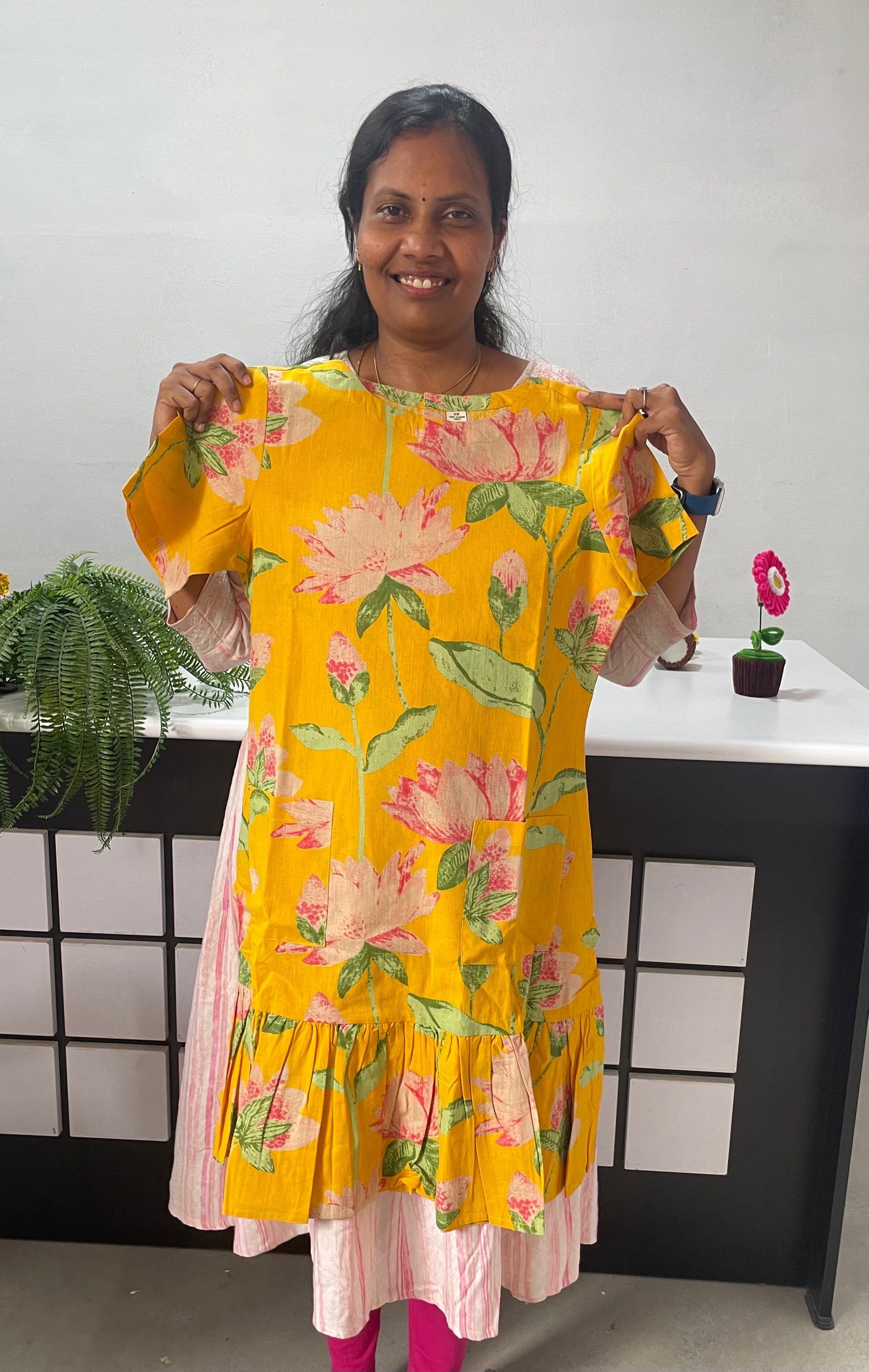 Floral Print Cotton top with back button - Yellow