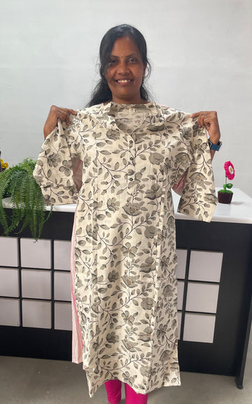 Premium Jaipur Cotton Floral Print A-Line Kurti - Grey
