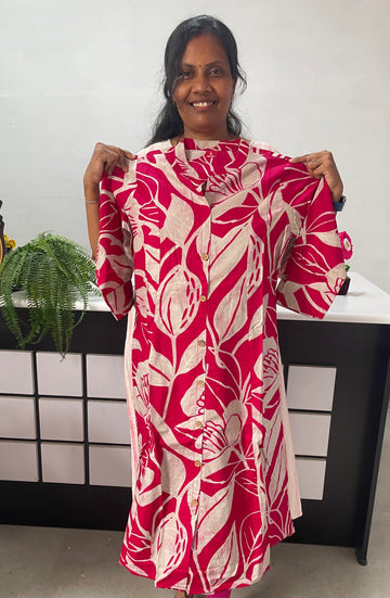 Premium  Cotton A-Line Kurti - Rani Pink