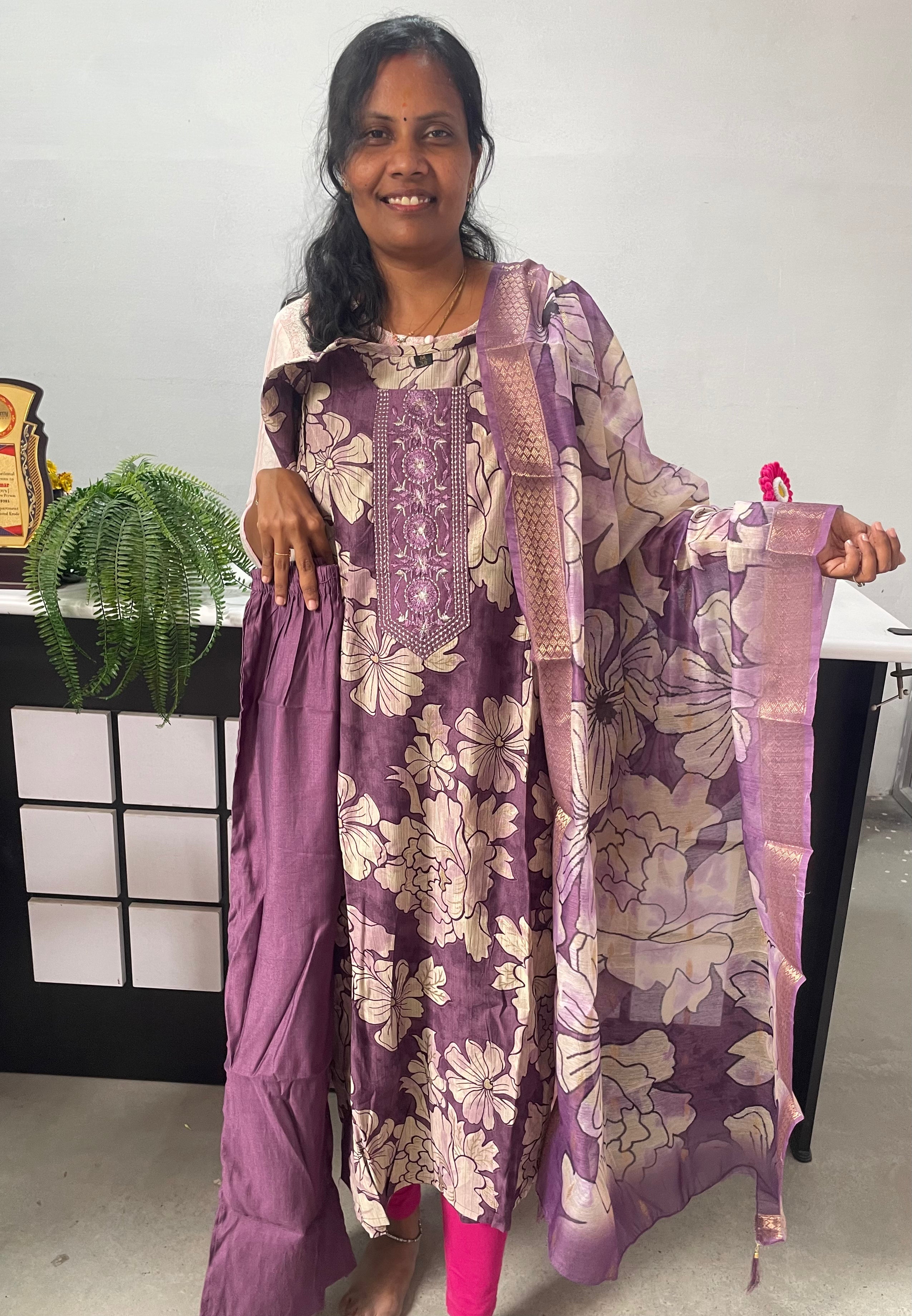 Premium floral print kurti 3pc set purple