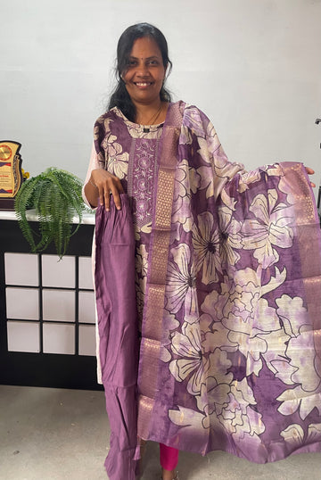 Premium floral print kurti 3pc set purple