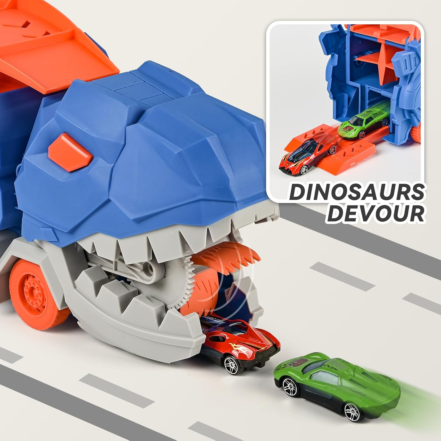 Transport Dinosaur Truck with Foldable Sliding 25-Inch Race Track