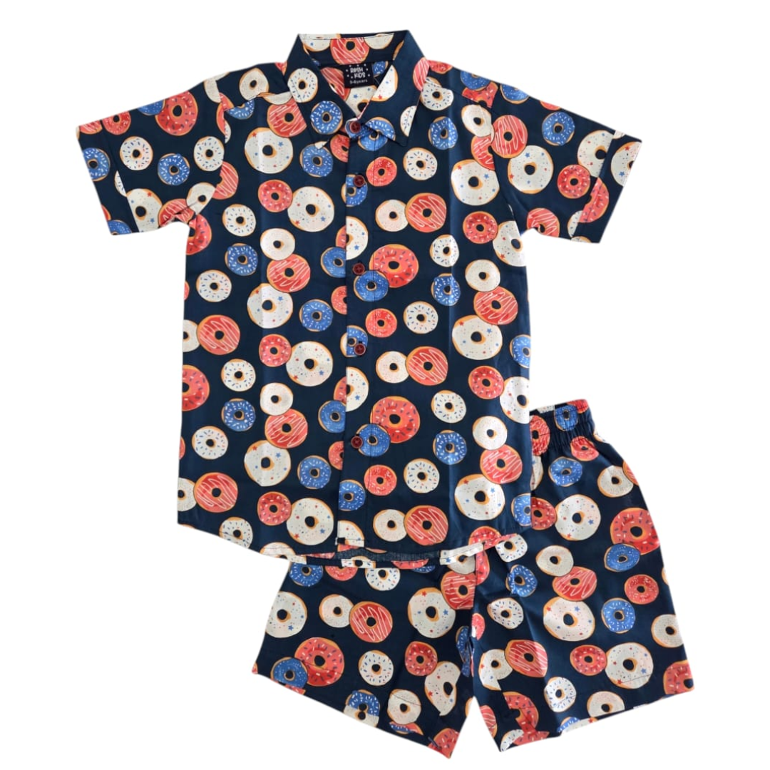 Boys Cotton (woven) co ord set - Blue Donut Print