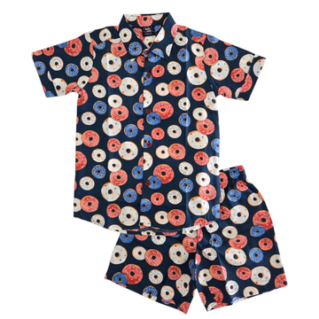 Boys Cotton (woven) co ord set - Blue Donut Print