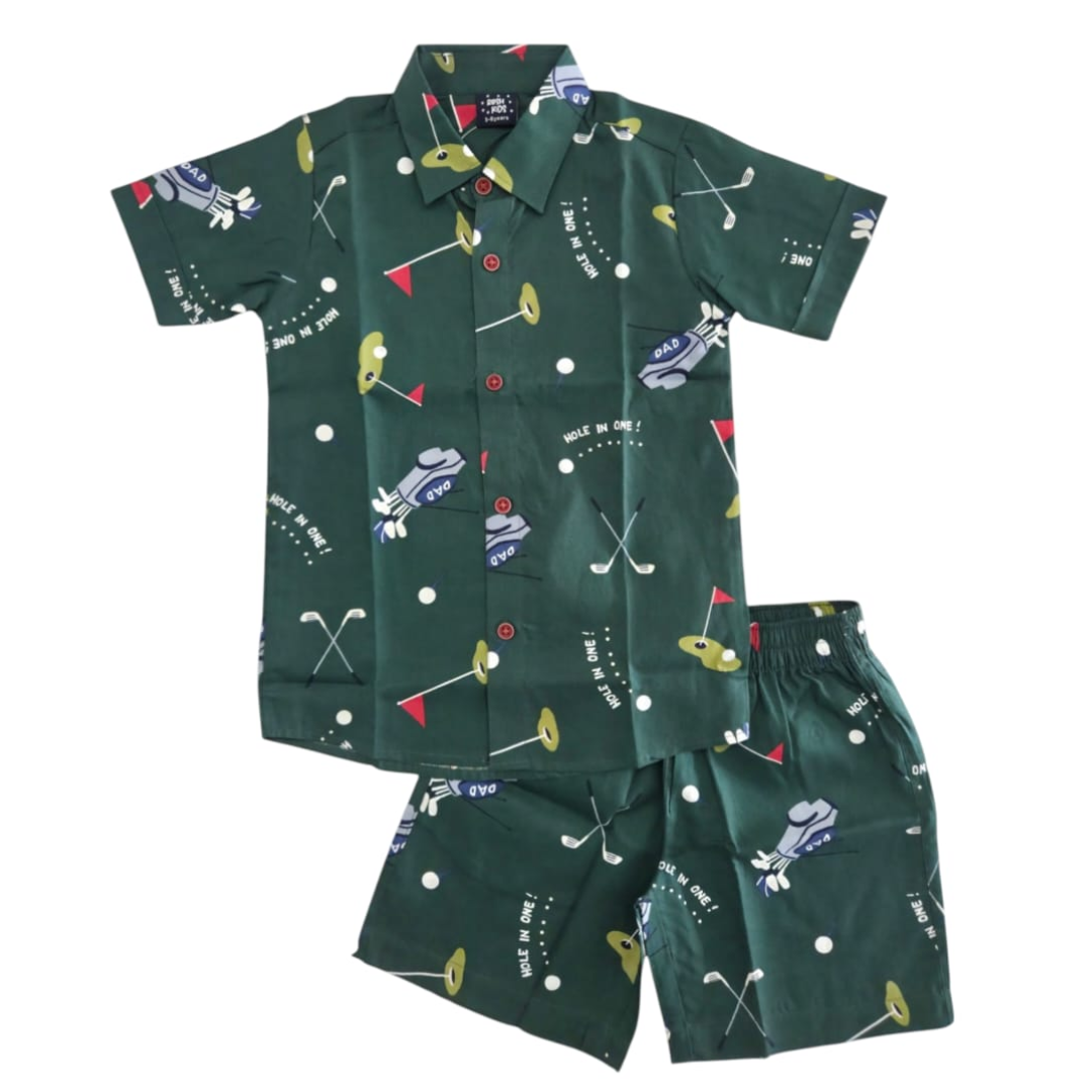 Boys Cotton (woven) co ord set - Green Hole in one Print