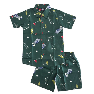 Boys Cotton (woven) co ord set - Green Hole in one Print
