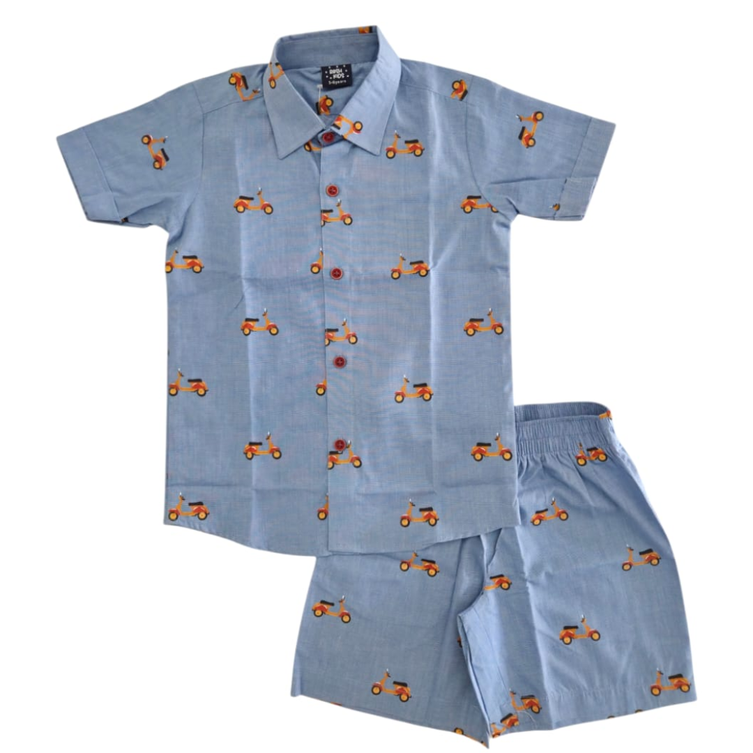 Boys Cotton (woven) co ord set - Blue Scooter Print