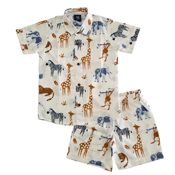 Boys Cotton (woven) co ord set - White Animal Print