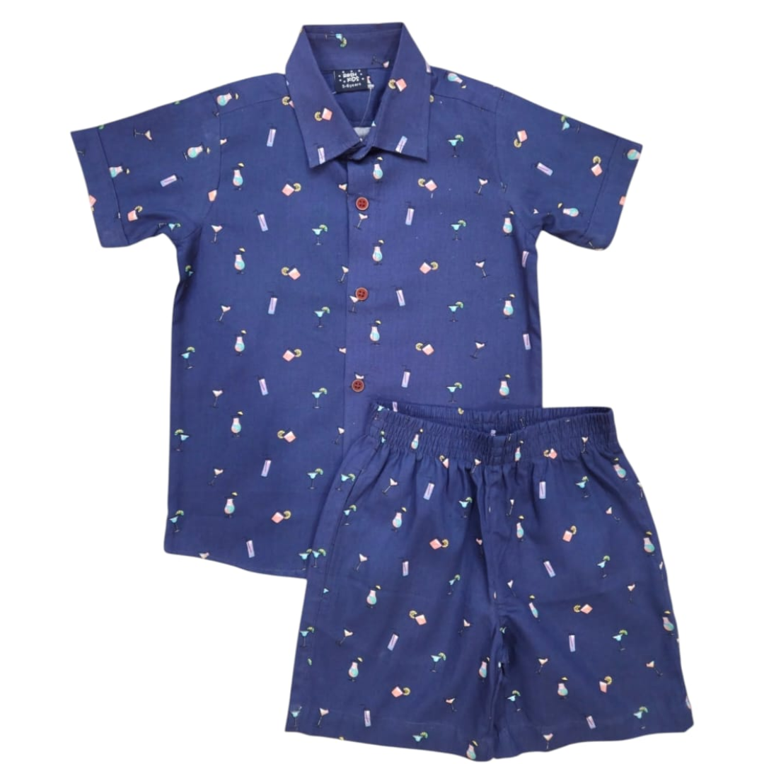 Boys Cotton (woven) co ord set - Blue Cocktail Print
