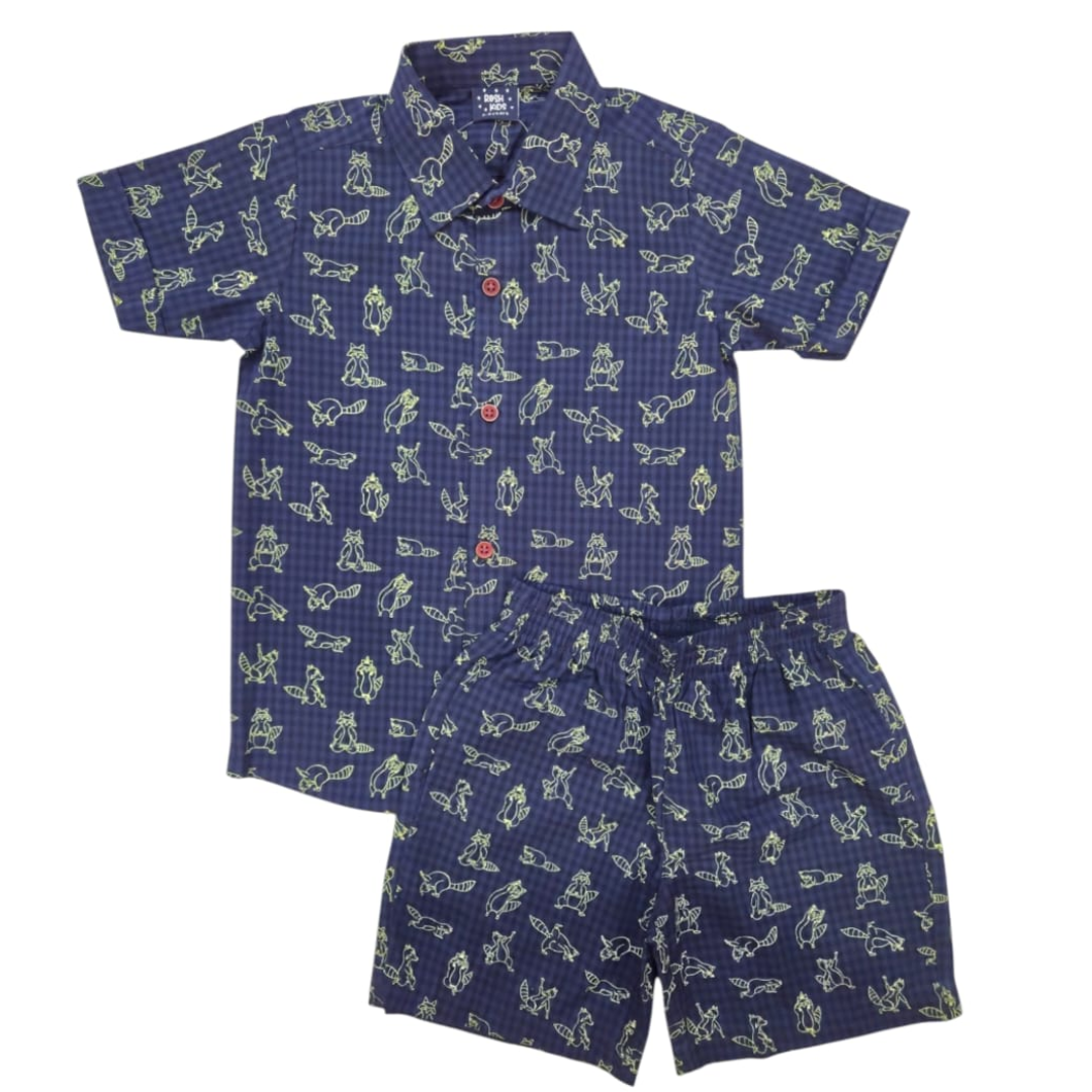 Boys Cotton (woven) co ord set - Blue Raccoon Print