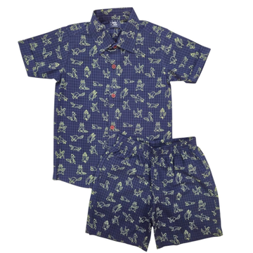 Boys Cotton (woven) co ord set - Blue Raccoon Print