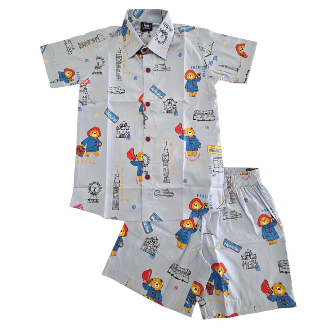 Boys Cotton (woven) co ord set - Light Blue Bear Print