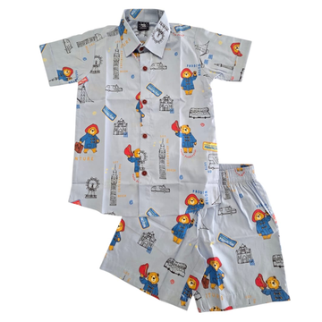 Boys Cotton (woven) co ord set - Light Blue Bear Print