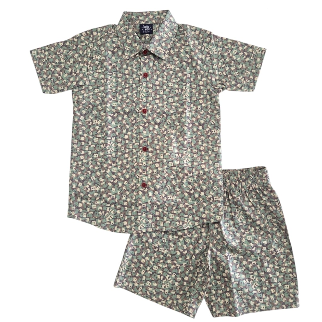 Boys Cotton (woven) co ord set - Greyish Green